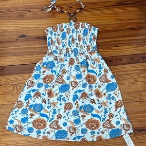 Smocked blue floral mini Dress, brown floral sundress, necklace halter dress